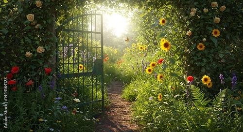 A garden gate opening to a secret overgrown floral paradise