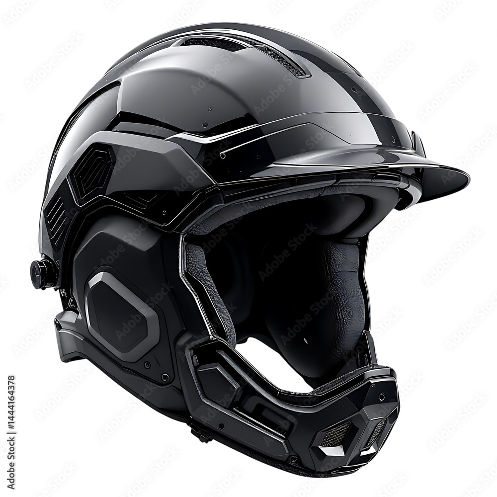 Fototapeta premium Futuristic black motorcycle helmet, close up.
