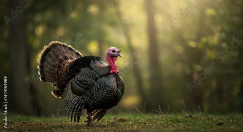 Majestic wild turkey struts in a sunlit forest.