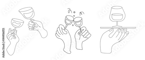Vector simple minimal linear style illustration with cartoon hands holding wine glasses, celebration and party vibe, invitation design element, 