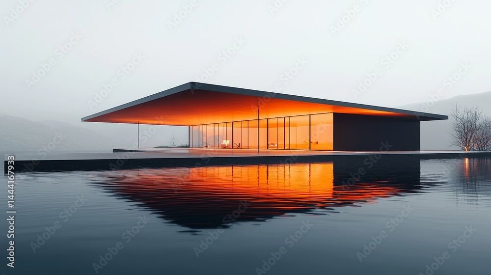 Obraz premium Modern architecture masterpiece with sleek lines and serene water reflection.