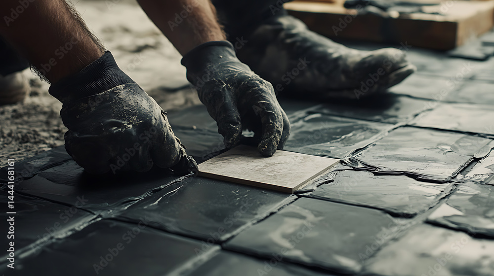 Tile Installation Process with Hands in Gloves Tile Installation Process with Hands in Gloves