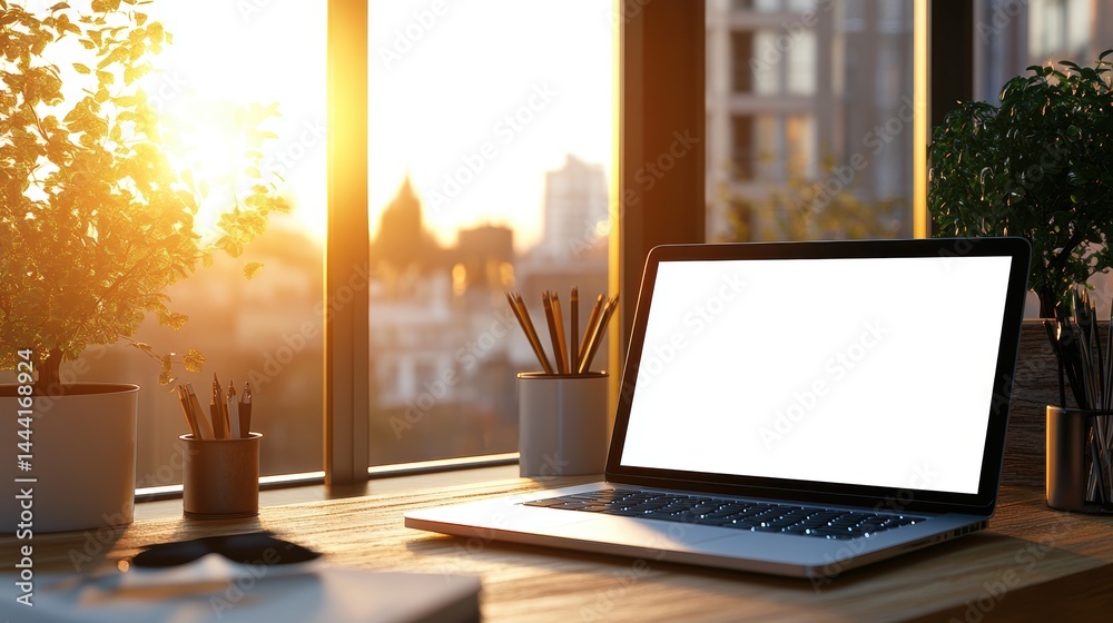 custom made wallpaper toronto digitalLaptop on wooden desk with blank screen and city view at sunset surrounded by plants and office supplies creating a peaceful work environment atmosphere