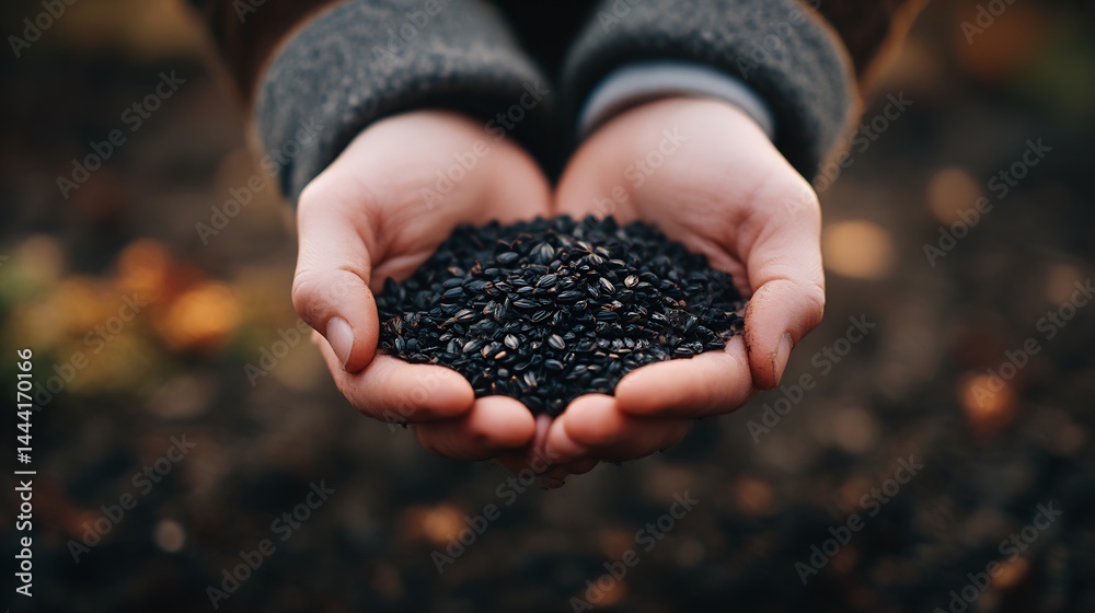 Offering black seeds with cupped hands, signifying abundance and natural goodness Offering black seeds with cupped hands, signifying abundance and natural goodness
