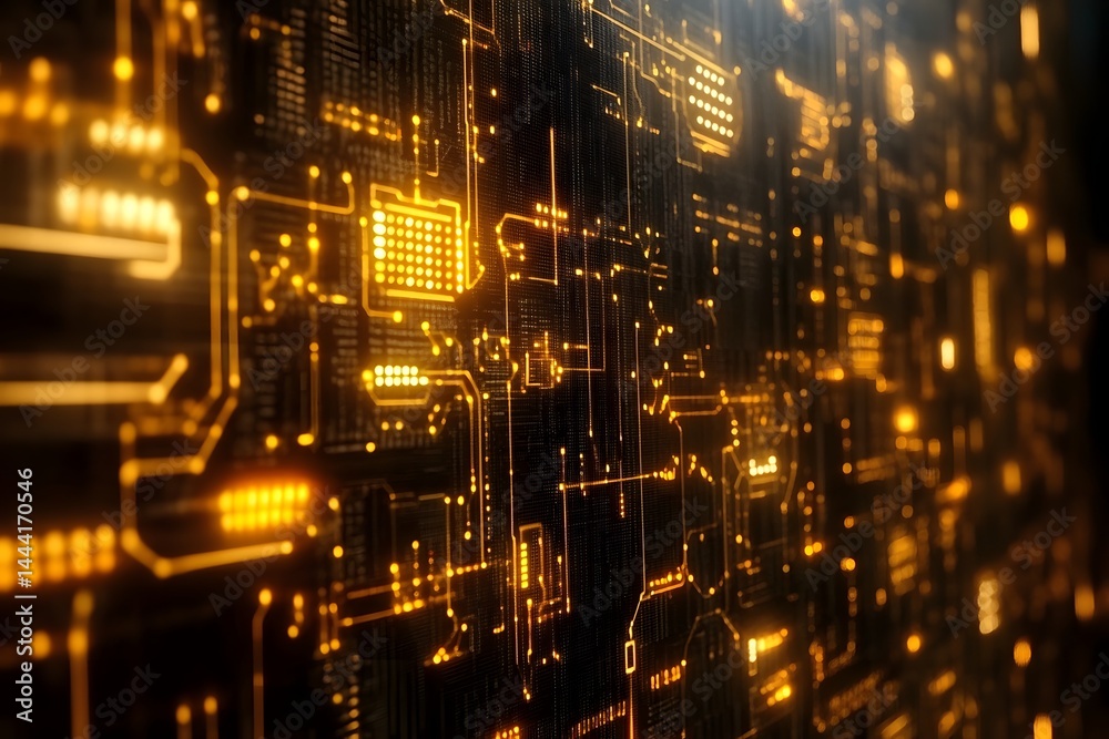 Obraz premium AI text on a digital background with circuit board patterns and glowing lights, creating an AI-inspired tech environment