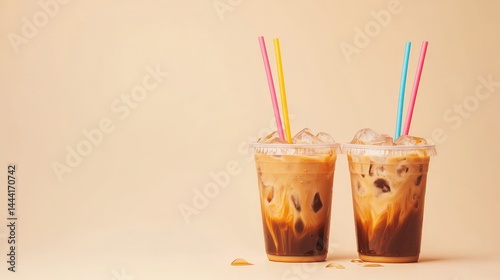 A laid-back scene of two plastic cups of iced coffee with ice cubes and colorful straws, on a warm beige background.