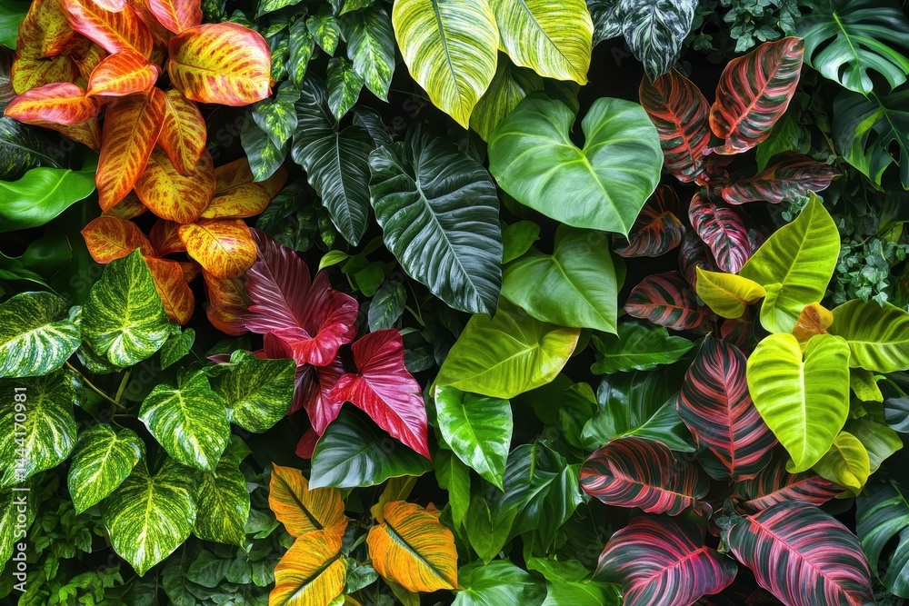 Naklejka premium Growing Leaves. Environmental Rainforest Foliage with Vibrant Gold Leaves in Diverse Ecosystem