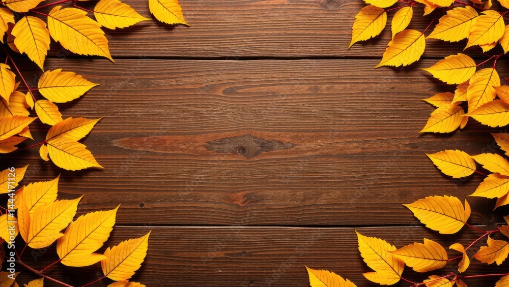 Autumn Leaves on Brown Wooden Table Top, Empty Space for Design