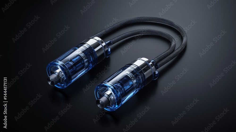 Stylish audio cable featuring blue connectors on a dark background for modern devices. Stylish audio cable featuring blue connectors on a dark background for modern devices.