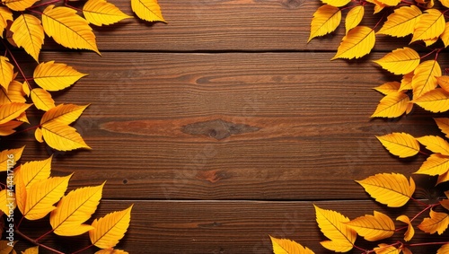 Obraz na płótnie Autumn Leaves on Brown Wooden Table Top, Empty Space for Design w salonie