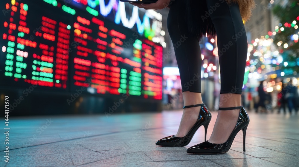 Fototapeta premium Woman in heels by a stock ticker board at night