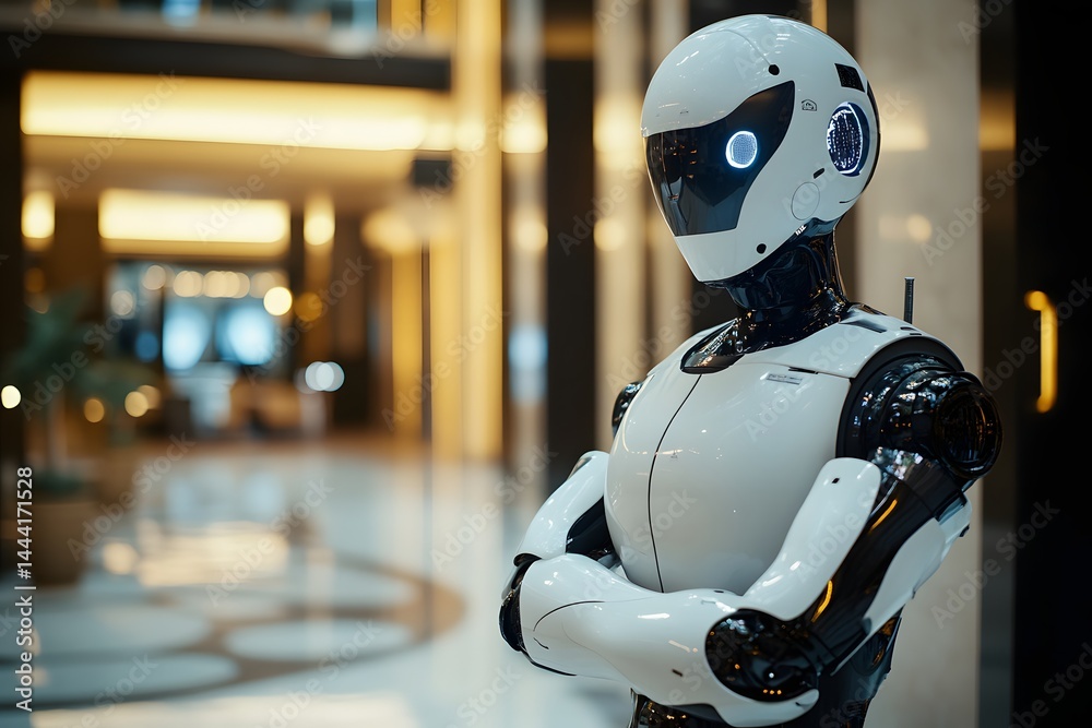 An AI robot in a white suit with arms crossed, wearing a human face mask and looking at the camera. The setting is a luxurious hotel lobby An AI robot in a white suit with arms crossed, wearing a human face mask and looking at the camera. The setting is a luxurious hotel lobby