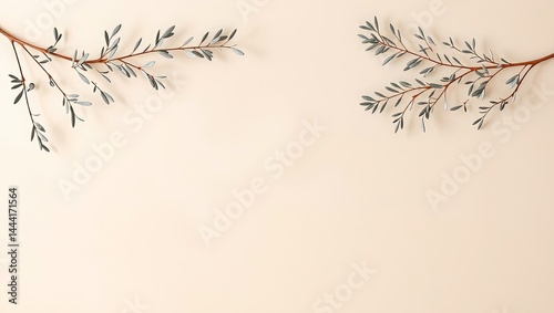 Obraz na płótnie Beige Wall Decorated with Olive Branches, Copy Space w salonie