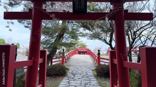 Peaceful red bridge in Sakura Park Aomori under spring blossoms and calm atmosphere