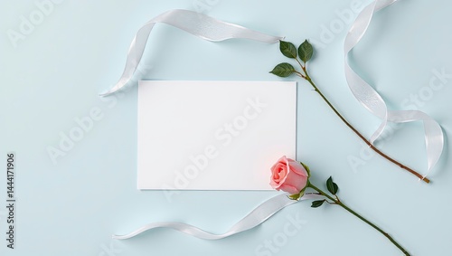 Obraz na płótnie Blank Card, Rose, and Ribbon on Pastel Blue Tabletop - Copy Space Design w salonie