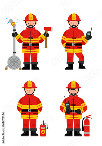 Set of 4 flat design firefighter characters in simple poses with equipment, wearing red-yellow uniforms on white background, clean and minimal style.