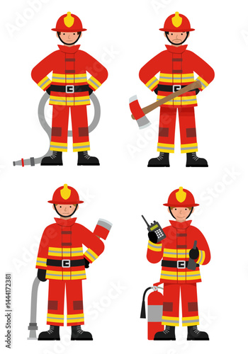 Set of 4 flat design firefighter characters in simple poses with equipment, wearing red-yellow uniforms on white background, clean and minimal style.