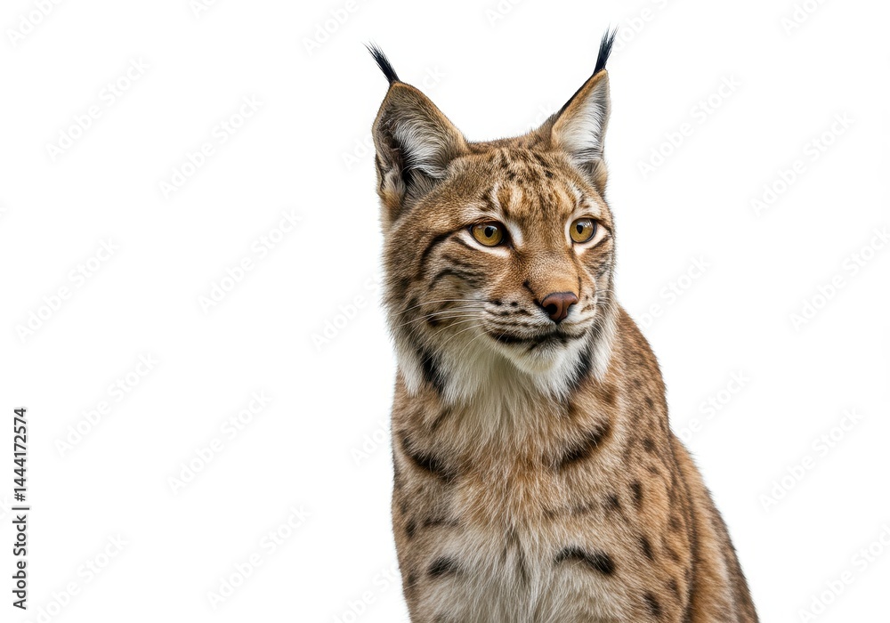 Fototapeta premium Close up shot of a lynx with pointed ears looking to the side on a white background in studio light