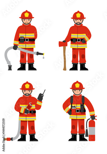 Set of 4 flat design firefighter characters in simple poses with equipment, wearing red-yellow uniforms on white background, clean and minimal style.