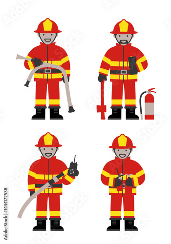 Set of 4 flat design firefighter characters in simple poses with equipment, wearing red-yellow uniforms on white background, clean and minimal style.