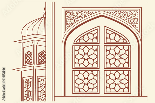 Discover the stunning line art illustration of an intricate mosque facade, highlighting traditional Islamic architecture with detailed windows and a majestic minaret. Perfect for cultural, religious, 