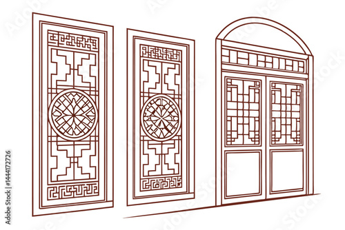 Discover the stunning line art illustration of an intricate mosque facade, highlighting traditional Islamic architecture with detailed windows and a majestic minaret. Perfect for cultural, religious, 