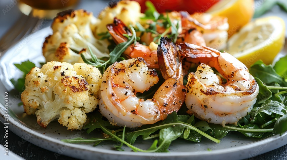 A light yet filling lunch plate with grilled shrimp, rocket leaves, and a side of roasted cauliflower for added fiber. A light yet filling lunch plate with grilled shrimp, rocket leaves, and a side of roasted cauliflower for added fiber.