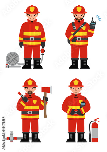 Set of 4 flat design firefighter characters in simple poses with equipment, wearing red-yellow uniforms on white background, clean and minimal style.