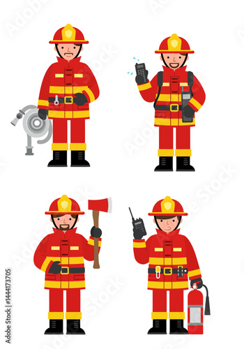 Set of 4 flat design firefighter characters in simple poses with equipment, wearing red-yellow uniforms on white background, clean and minimal style.