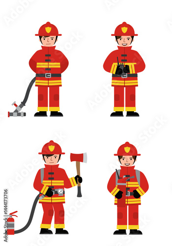 Set of 4 flat design firefighter characters in simple poses with equipment, wearing red-yellow uniforms on white background, clean and minimal style.