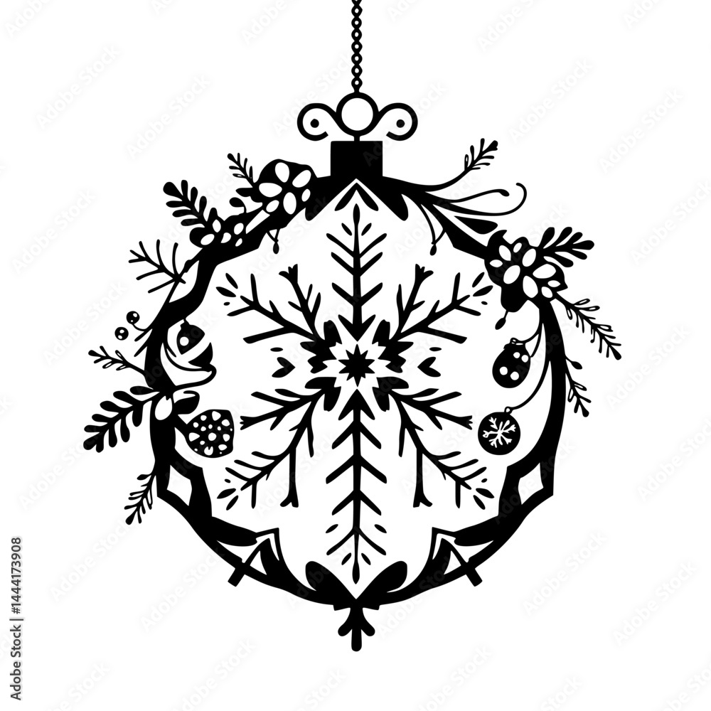 Fototapeta premium Silhouette Christmas Ornament with Snowflake, Decorative Floral Design