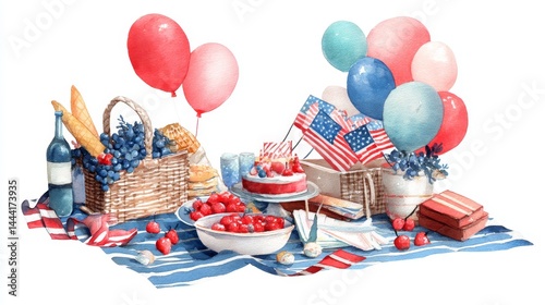 Obraz na płótnie Festive Picnic Setup with Red, White, Blue Balloons and Treats w salonie