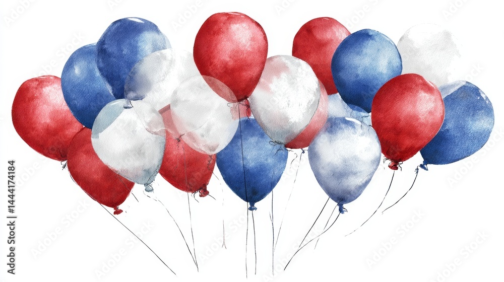Colorful Watercolor Balloons in Red, White, and Blue Shades