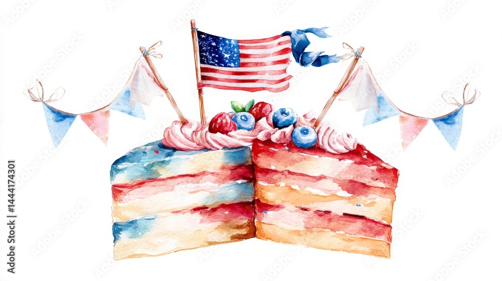 Festive Red White and Blue Cake with Berries and Flag Decoration
