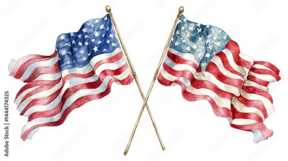 Crossed American Flags with Realistic Fabric Detail and Colors
