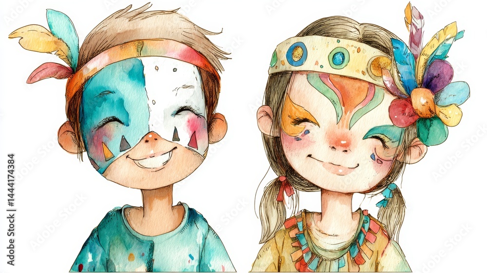Colorful Illustrations of Happy Children with Unique Face Paint Designs