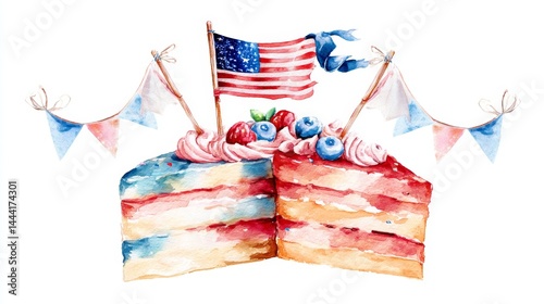 Obraz na płótnie Festive Red White and Blue Cake with Berries and Flag Decoration w salonie