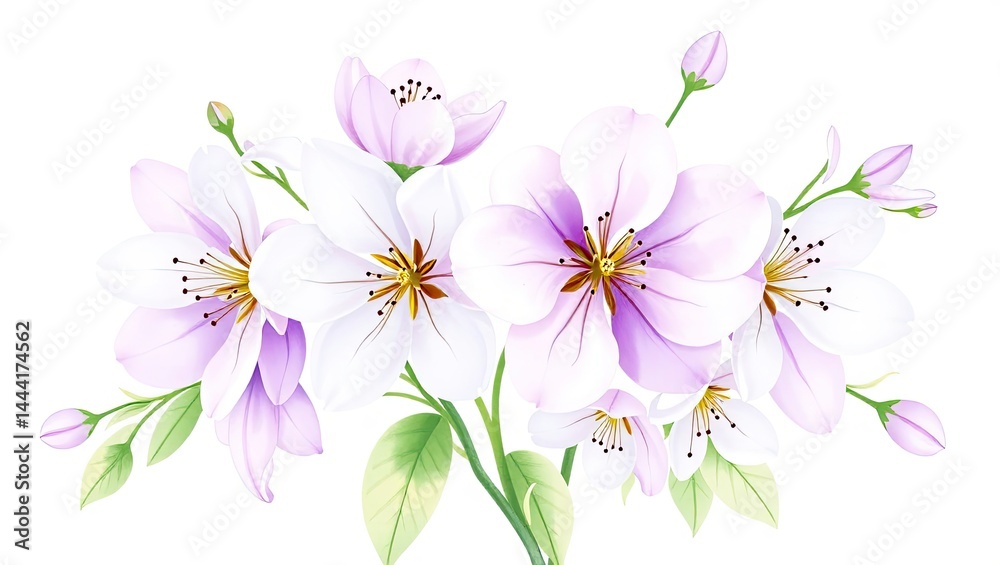 Delicate Spring Blossoms, Light Purple and White Watercolor Illustration