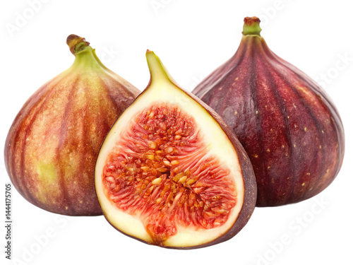 Two whole fresh fig Fruits and halved slice fresh fig isolated on white background. Suitable for marketing or business purposes. PNG file photo