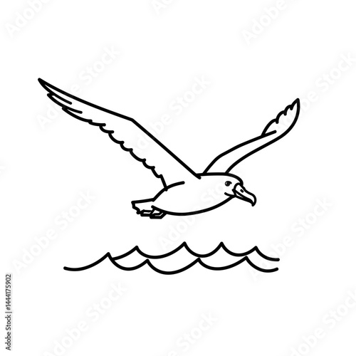 Seagull flying over waves line icon in black and white