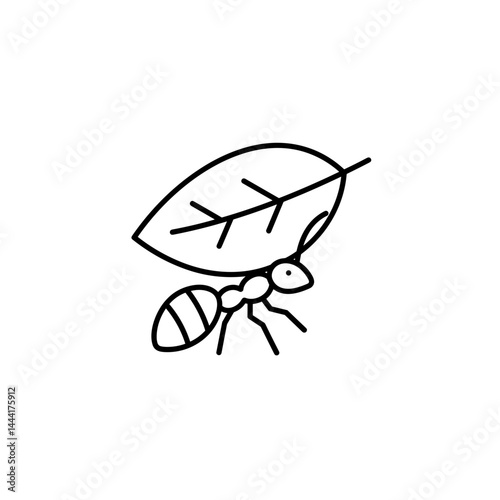 Ant carrying leaf line icon in black on white background