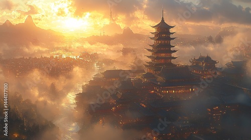 China style, beautiful ancient buildings, sunrise