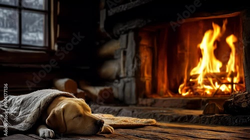Dog Sleeping by Fireplace