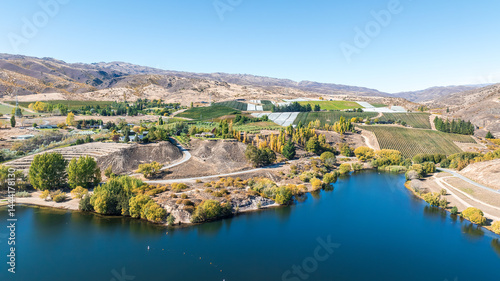 Aerial perspective  of the Cromwell gorge and Bannockburn area in Autumn