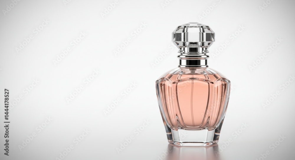 Elegant perfume bottle with crystal cap on white background for beauty and fragrance ads Glamorous fragrance bottle with luxurious details creating a sophisticated and alluring scent Elegant perfume bottle with crystal cap on white background for beauty and fragrance ads Glamorous fragrance bottle with luxurious details creating a sophisticated and alluring scent