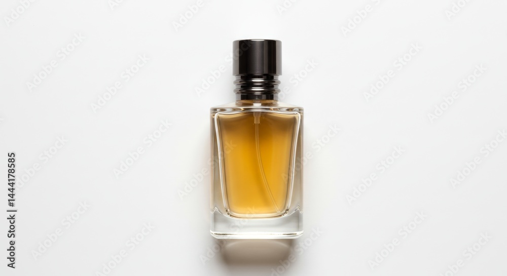 Elegant perfume bottle with golden liquid on white background perfect for beauty and fragrance advertising, showcasing luxury and style Elegant perfume bottle with golden liquid on white background perfect for beauty and fragrance advertising, showcasing luxury and style