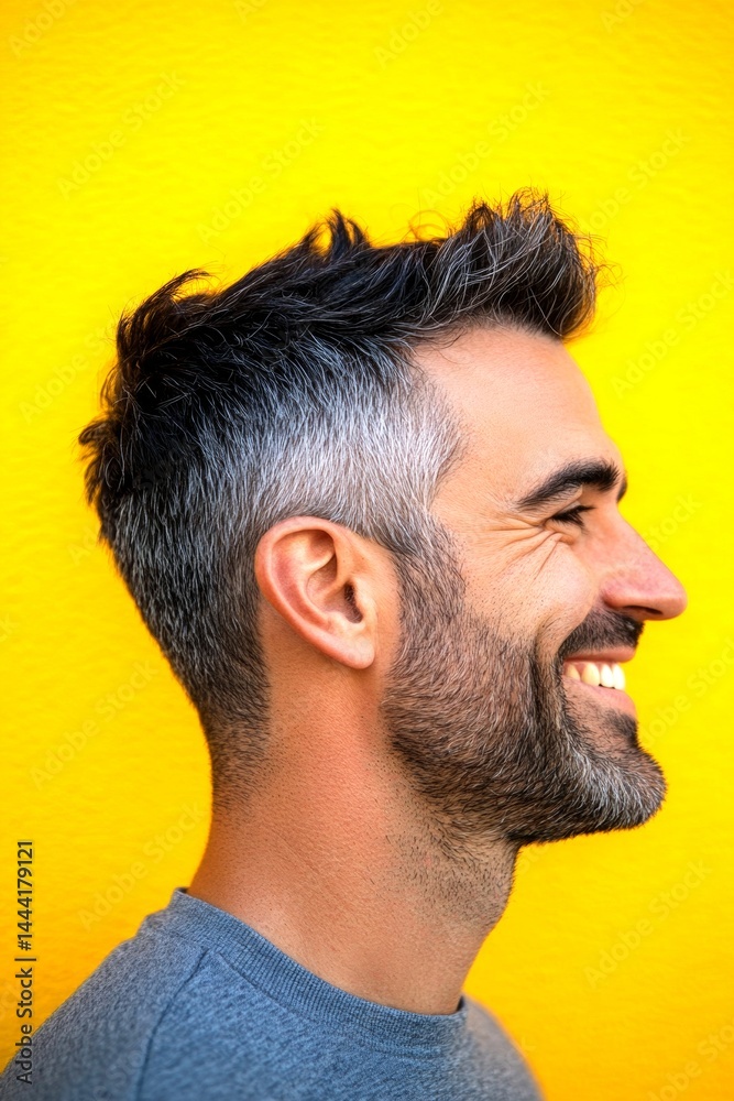 Artwork of style for aging men. Modish men's low fade haircut - midlife white man with black hair. Yellow solid background. A handsome man in his 40s with a radiant smile. Artwork of style for aging men. Modish men's low fade haircut - midlife white man with black hair. Yellow solid background. A handsome man in his 40s with a radiant smile.