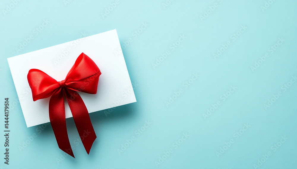 Blank gift card with red bow on light blue backtground Blank gift card with red bow on light blue backtground