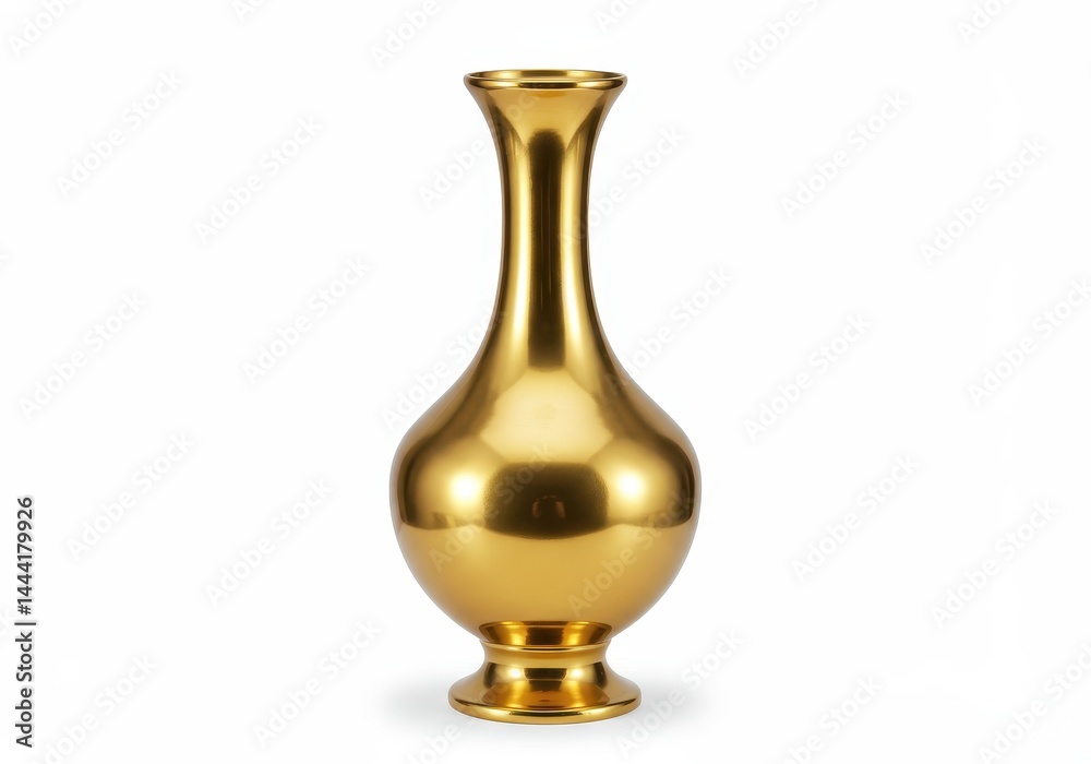 A shiny golden vase with a bulbous body and a long neck stands on a white surface in a studio shot A shiny golden vase with a bulbous body and a long neck stands on a white surface in a studio shot
