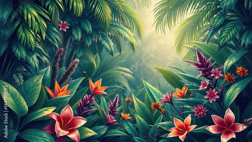 Lush Tropical Jungle Landscape with Exotic Flora